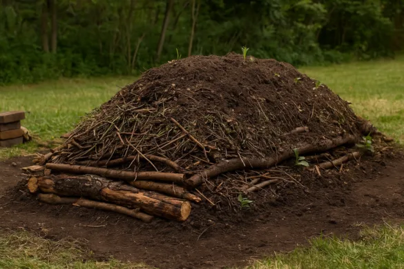 A hügelkultur rétegei: rönkök, gallyak, levelek és komposzt