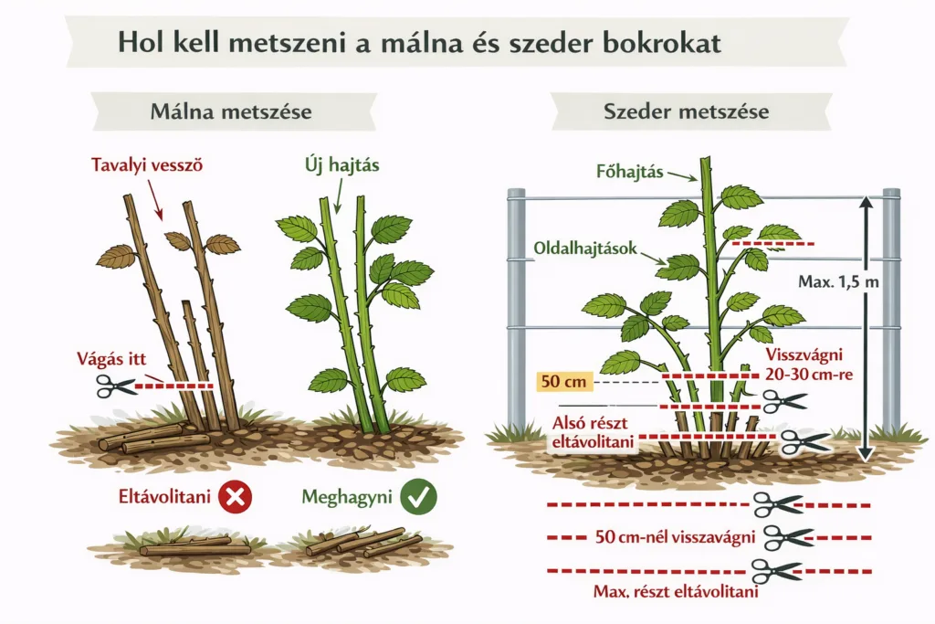 Málna és szeder metszése ábra – hol kell levágni a letermett vesszőket és hogyan kell visszavágni az oldalhajtásokat