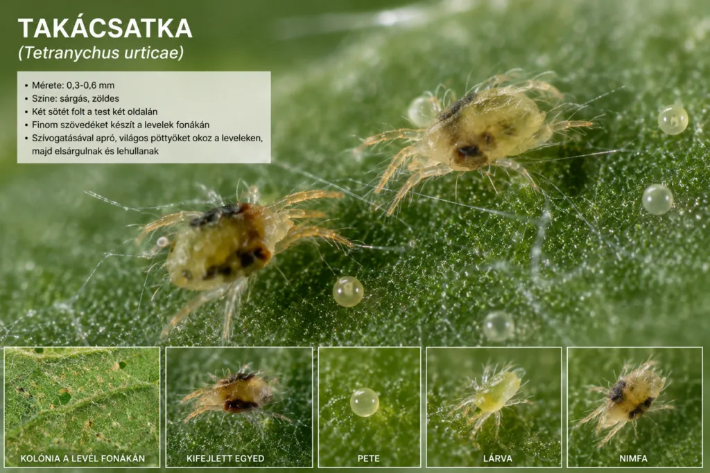 Takácsatka (Tetranychus urticae) makrófelvételen a levél fonákján szövedékkel és petékkel